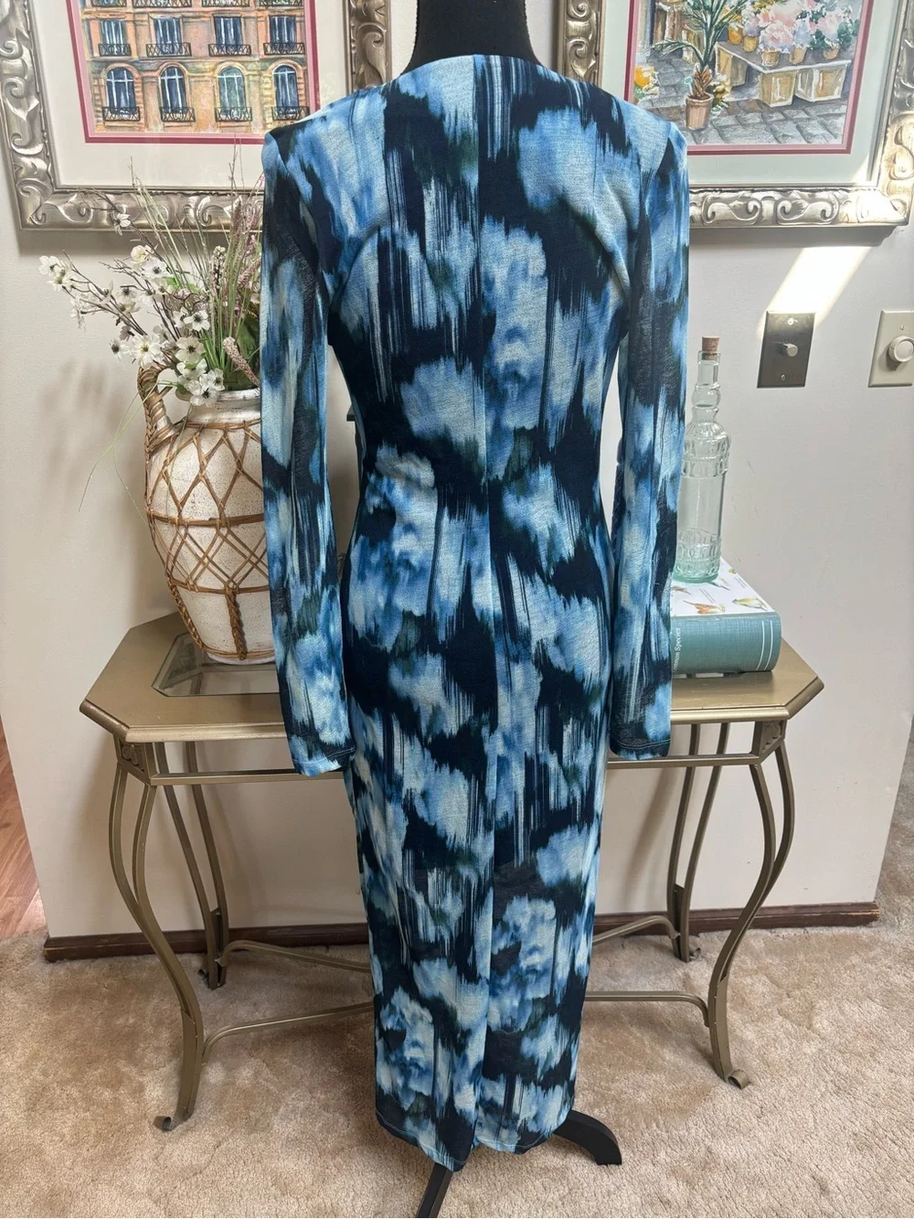 Abercrombie & Fitch Blue Ruched Sheer Long-Sleeve Mesh Bodycon Maxi Dress Size L